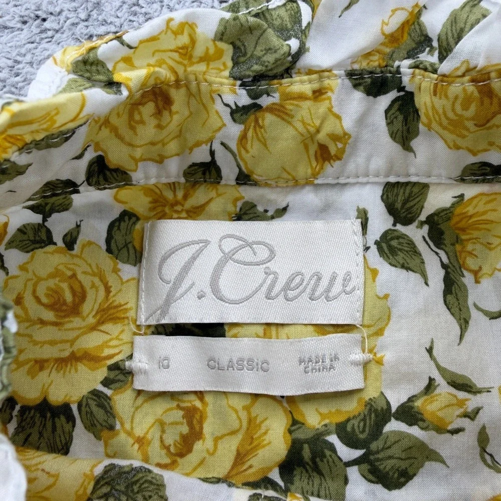 J Crew Liberty Carline Rose Shirt Womens 10 Yellow Floral Ruffle Trim Button Up